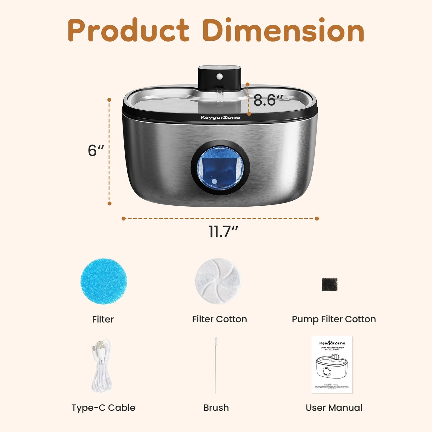 Keygarzone Wireless Cat Water Fountain: 5L Stainless Steel Pet Water Fountain for Cats & Dogs, Automatic Battery Operated Water Dispenser, Ultra-Quiet Indoor Fountain with Filter