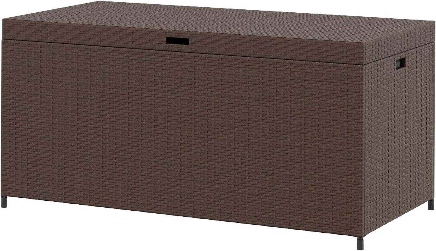 SUNVIVI OUTDOOR Large Patio Storage Box with Waterproof Inner, 140 Gallon Outdoor Wicker Storage Bin for Cushions, Garden Tools, Pool Toys, Aluminum Frame, Brown