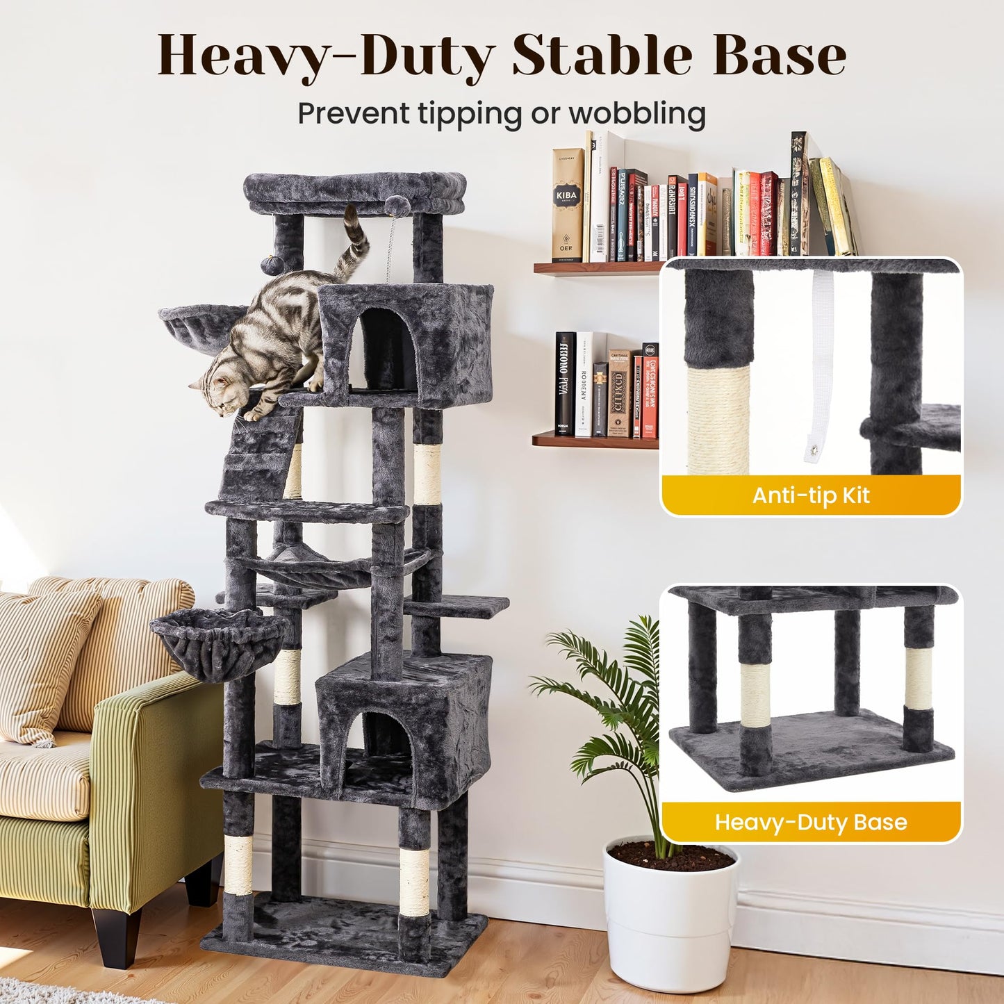 Keygarzone Large Cat Tree with Scratching Posts, Bed, Hammocks & Condos ¨C Multi-Level Cat Tower for Playful Cats, 73" Modern Jungle Gym for Multiple Cats, Grey