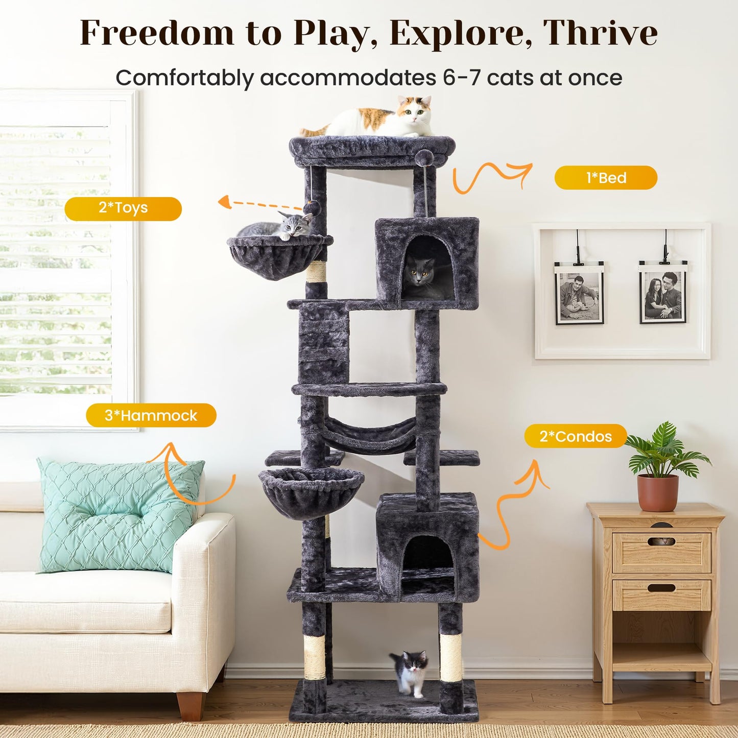 Keygarzone Large Cat Tree with Scratching Posts, Bed, Hammocks & Condos ¨C Multi-Level Cat Tower for Playful Cats, 73" Modern Jungle Gym for Multiple Cats, Grey