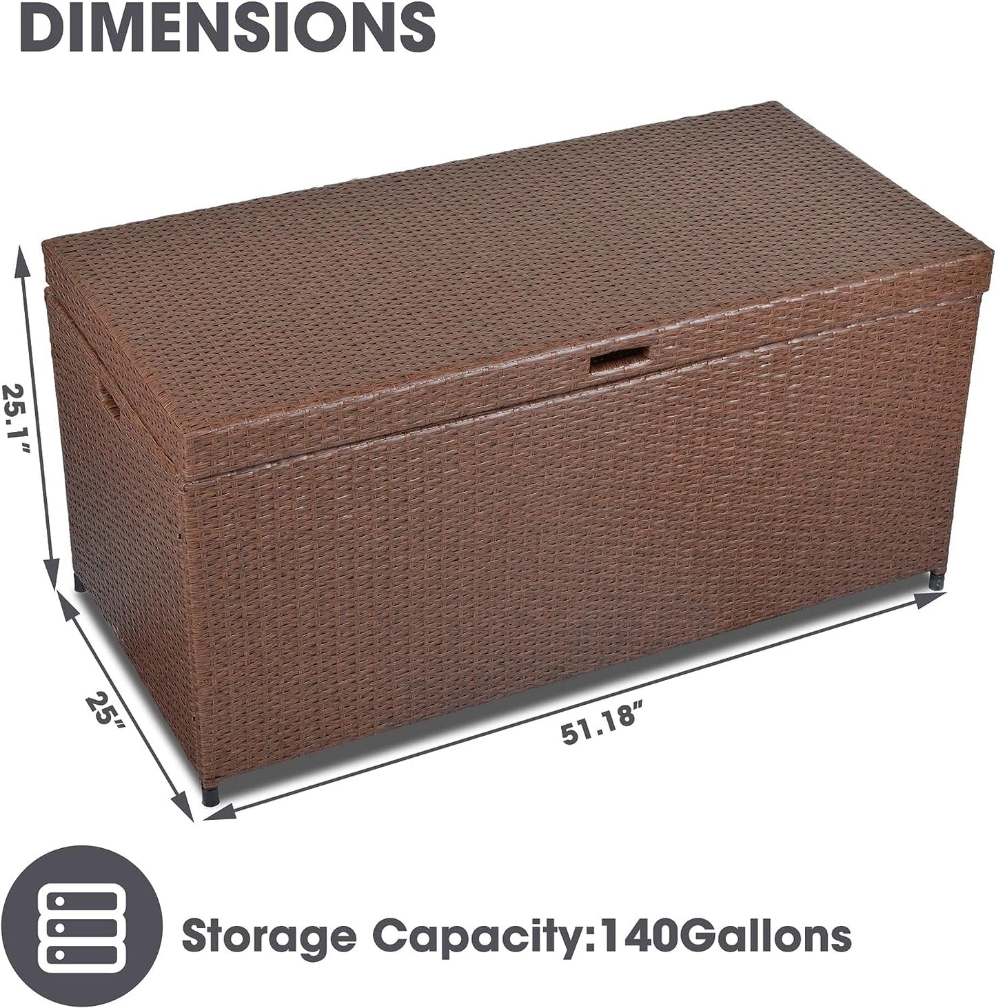 SUNVIVI OUTDOOR Large Patio Storage Box with Waterproof Inner, 140 Gallon Outdoor Wicker Storage Bin for Cushions, Garden Tools, Pool Toys, Aluminum Frame, Brown