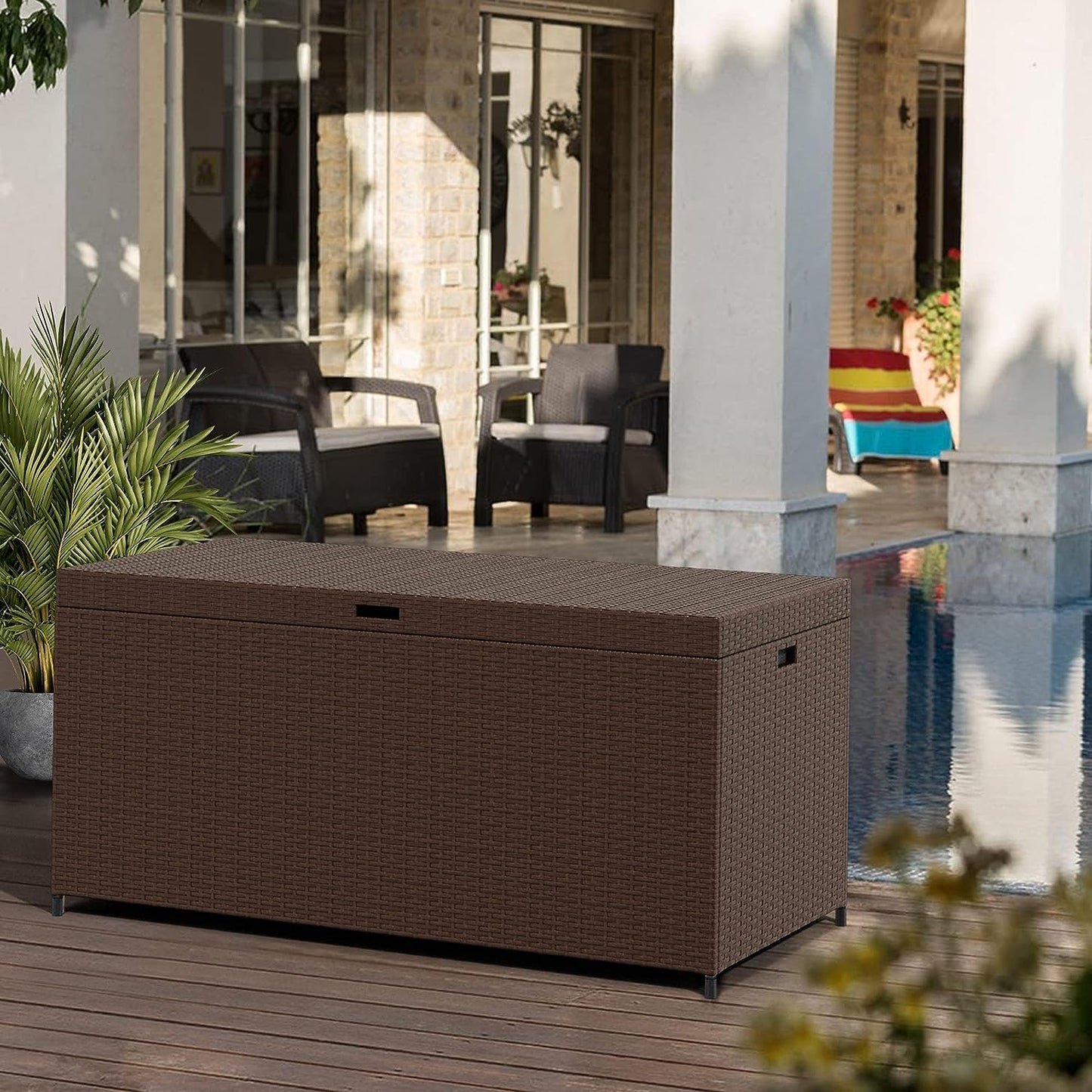 SUNVIVI OUTDOOR Large Patio Storage Box with Waterproof Inner, 140 Gallon Outdoor Wicker Storage Bin for Cushions, Garden Tools, Pool Toys, Aluminum Frame, Brown