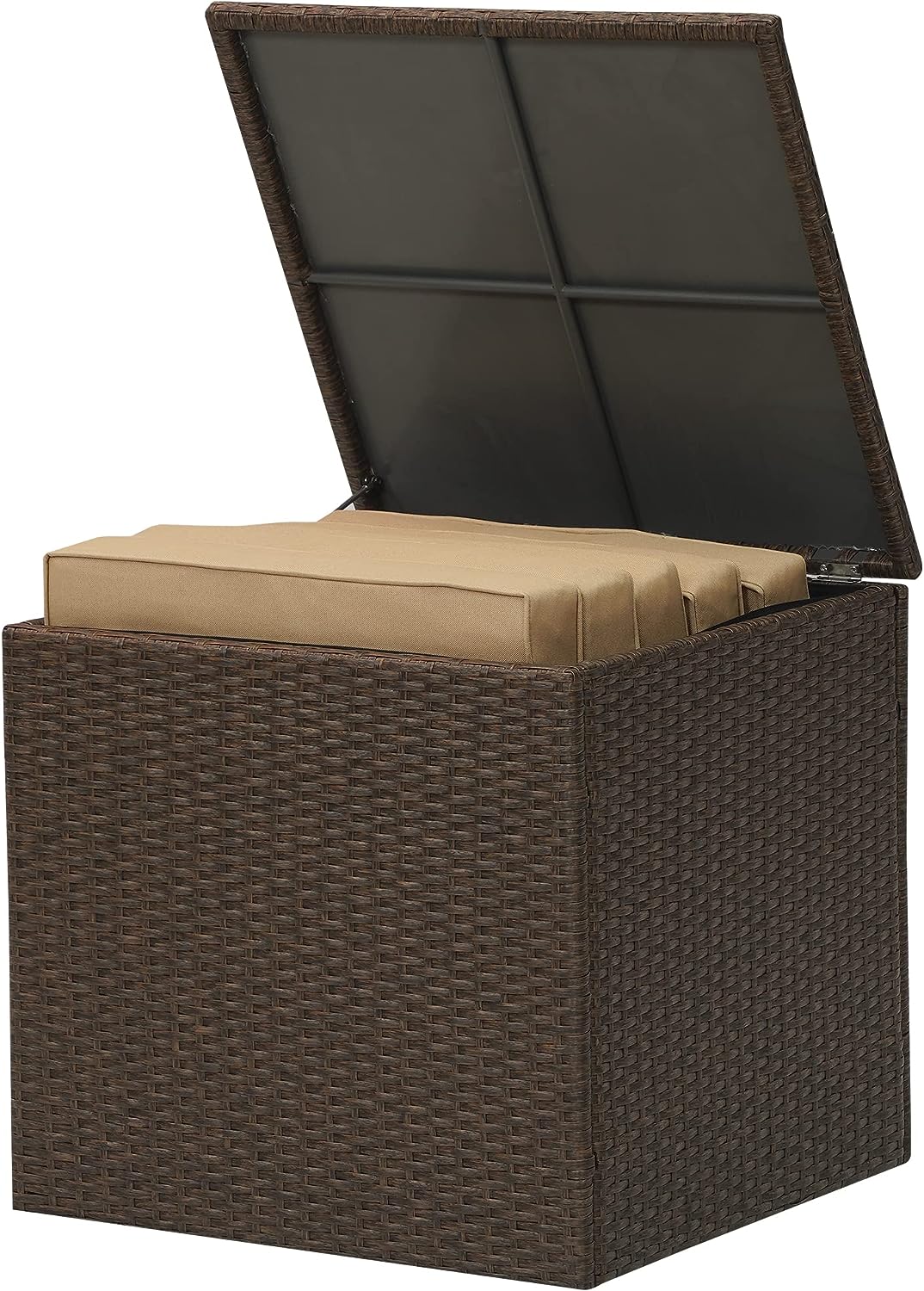SUNVIVI OUTDOOR Large Patio Storage Box with Waterproof Inner, 140 Gallon Outdoor Wicker Storage Bin for Cushions, Garden Tools, Pool Toys, Aluminum Frame, Brown