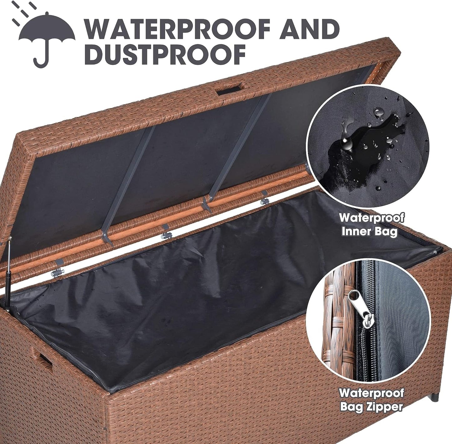 SUNVIVI OUTDOOR Large Patio Storage Box with Waterproof Inner, 140 Gallon Outdoor Wicker Storage Bin for Cushions, Garden Tools, Pool Toys, Aluminum Frame, Brown