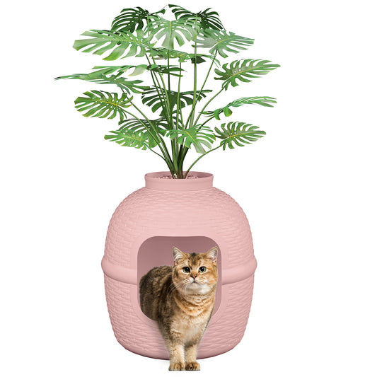 Hidden Litter Box with Faux Plant, Large Cat Litter Box with Rattan Pattern, Heavy Duty PP Material Litter Box Enclosure Furniture for Home Decor,Pink