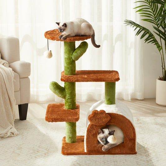 Cactus Cat Tree for Indoor Cats with Cozy Condo Wide Top Perch Multi-Level Jumping and Lounging Space 27.5inch Plush, Brown