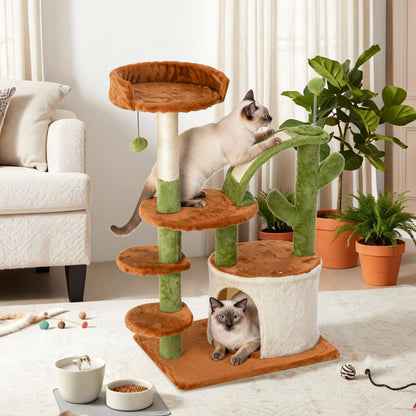 Cactus Cat Tree for Indoor Cats, Multi-Level Cat Tower with Sisal Scratching Posts, Stable Cat Condo with Perches and Climbing Steps, 36.6", Brown