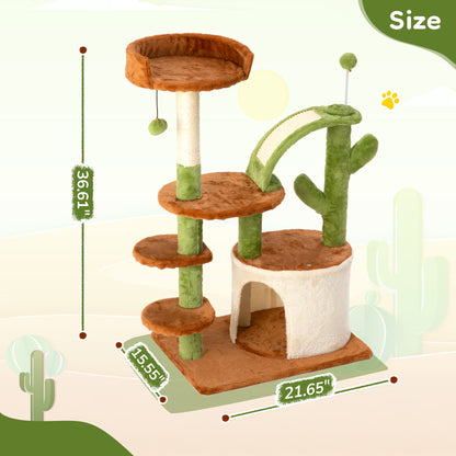 Cactus Cat Tree for Indoor Cats, Multi-Level Cat Tower with Sisal Scratching Posts, Stable Cat Condo with Perches and Climbing Steps, 36.6", Brown