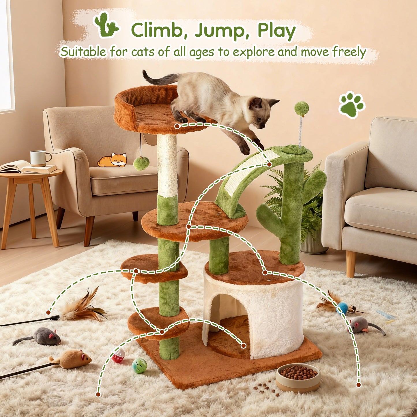 Cactus Cat Tree for Indoor Cats, Multi-Level Cat Tower with Sisal Scratching Posts, Stable Cat Condo with Perches and Climbing Steps, 36.6", Brown
