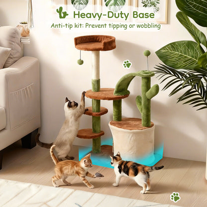 Cactus Cat Tree for Indoor Cats, Multi-Level Cat Tower with Sisal Scratching Posts, Stable Cat Condo with Perches and Climbing Steps, 36.6", Brown