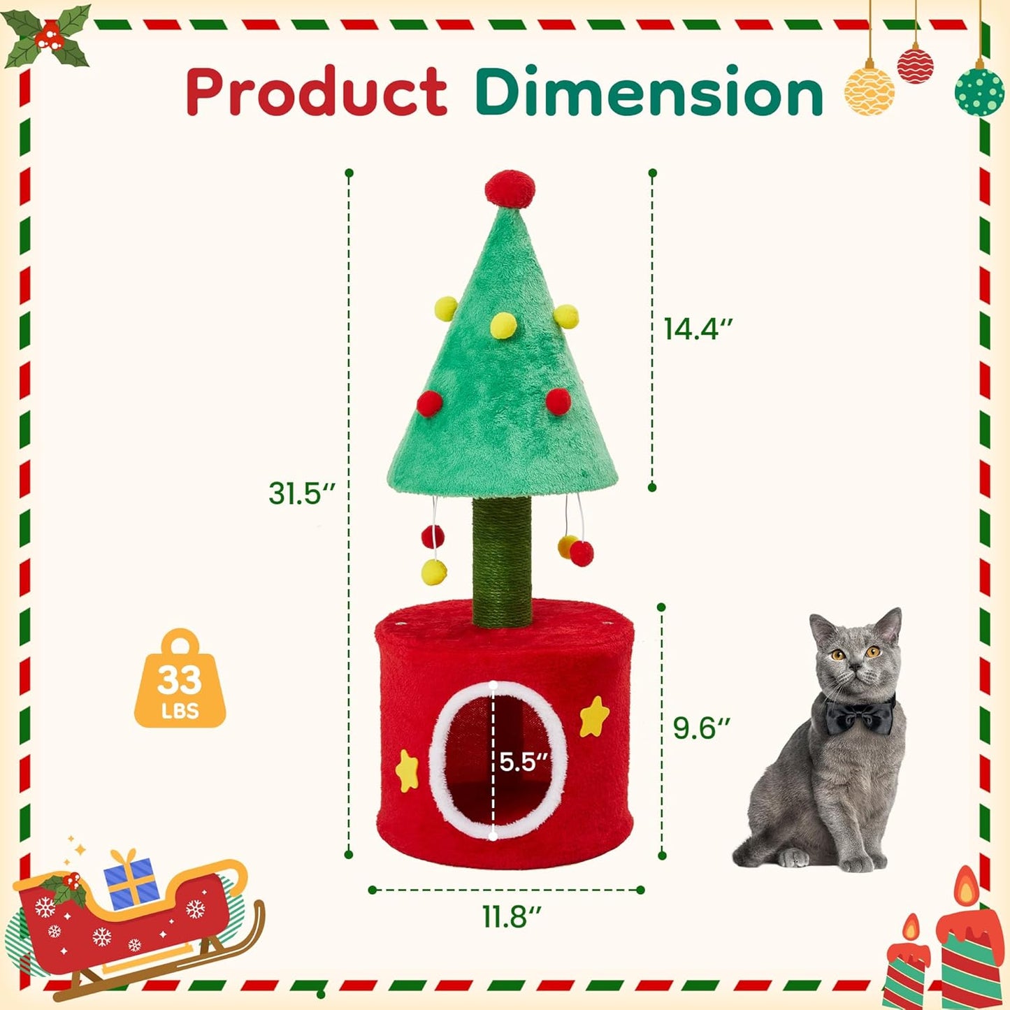 Keygarzone Cat Christmas Tree Tower for Indoor Cats ¨C Small Cat Tree with Sisal Scratching Posts, Plush Cat Bed, and Climbing Tower for Kittens and Adult Cats