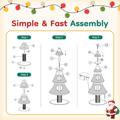 Keygarzone Christmas Tree Cat Tower for Indoor Cats, Multi-Level Wooden Cat Tree with Scratching Posts, Sisal Cat Scratcher & Cozy Cat Beds