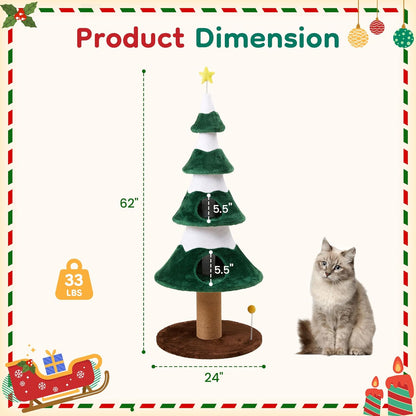 Keygarzone Christmas Tree Cat Tower for Indoor Cats, Multi-Level Wooden Cat Tree with Scratching Posts, Sisal Cat Scratcher & Cozy Cat Beds
