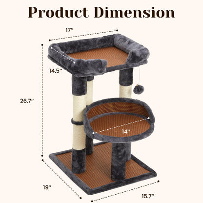 Keygarzone Multi-Level Cat Tree for Indoor Cats, Modern Cat Tower with Double Beds & Scratching Posts, 27 in Cute Cat Tree for Large Cats and Kitten, Small Cat Climbing Tower with Hanging Toys, Grey