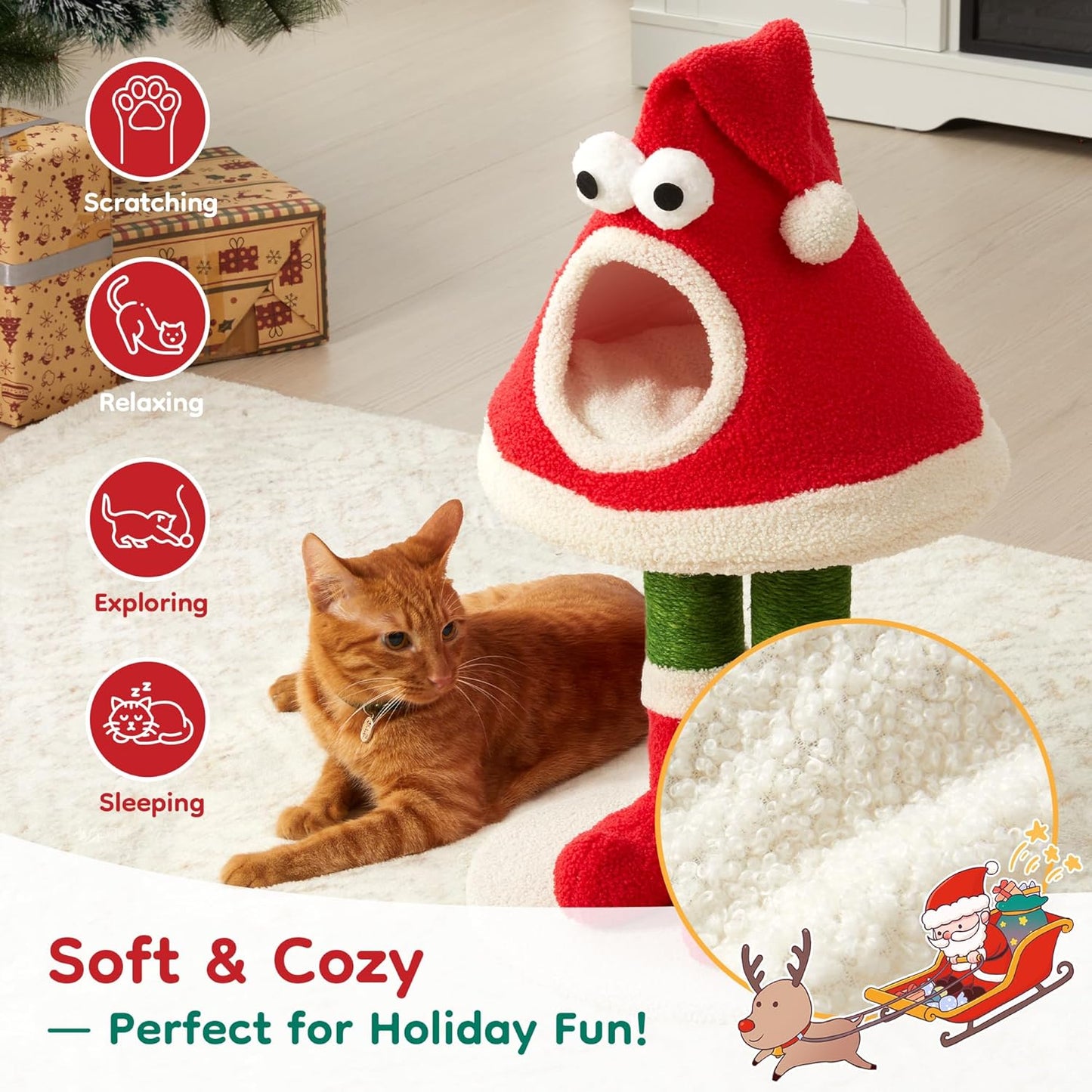Keygarzone Christmas Cat Tree Tower for Indoor Cats of All Sizes ¨C Cute Santa Hat Design with Scratching Posts & Cozy Cat Bed, Small to Large Cat Tower