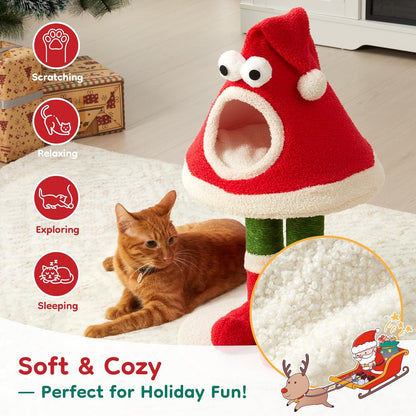 Keygarzone Christmas Cat Tree Tower for Indoor Cats of All Sizes ¨C Cute Santa Hat Design with Scratching Posts & Cozy Cat Bed, Small to Large Cat Tower
