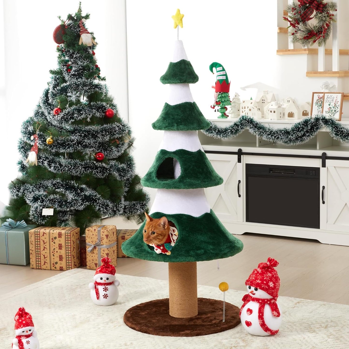 Keygarzone Christmas Tree Cat Tower for Indoor Cats, Multi-Level Wooden Cat Tree with Scratching Posts, Sisal Cat Scratcher & Cozy Cat Beds