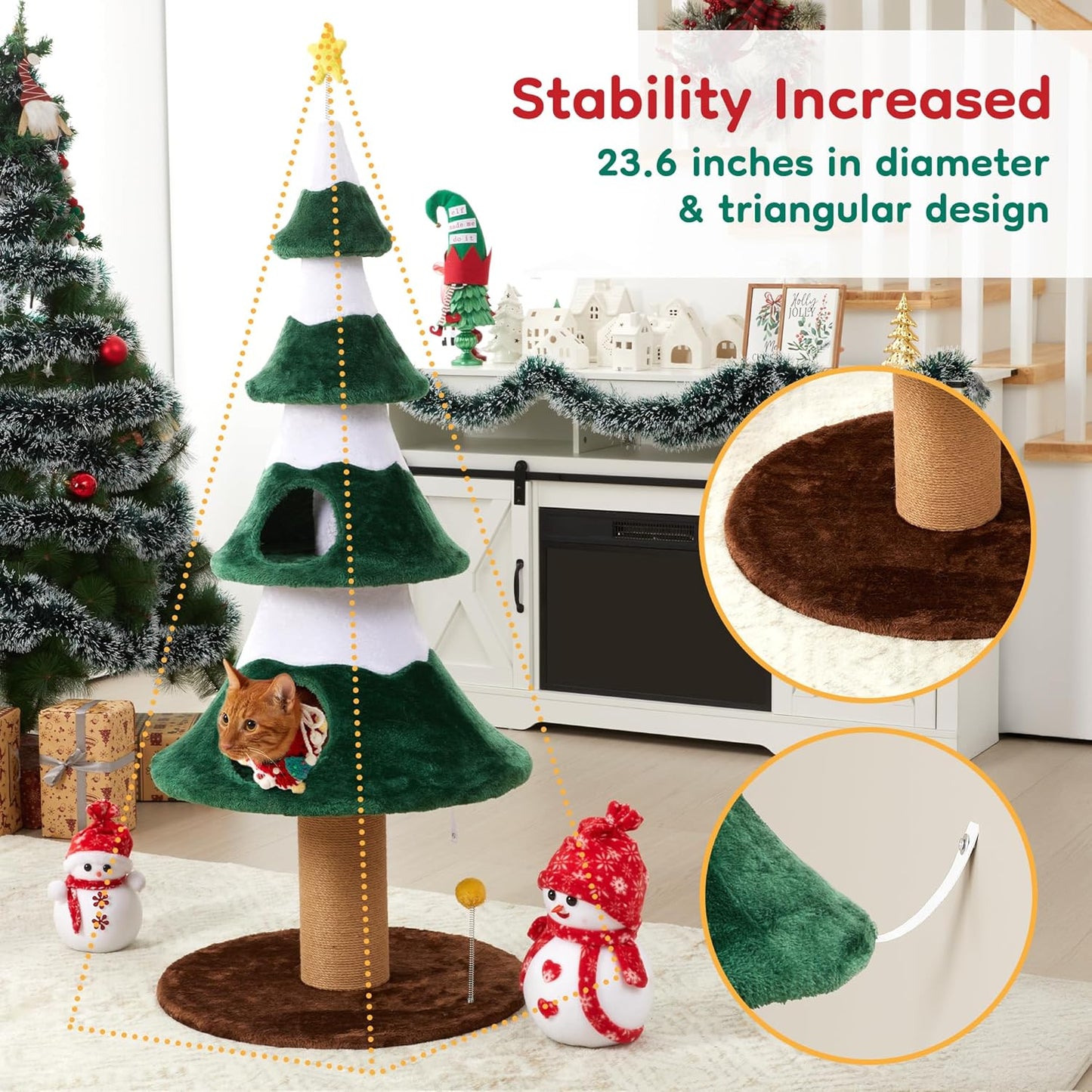 Keygarzone Christmas Tree Cat Tower for Indoor Cats, Multi-Level Wooden Cat Tree with Scratching Posts, Sisal Cat Scratcher & Cozy Cat Beds