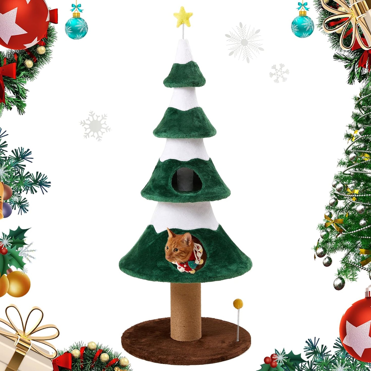 Keygarzone Christmas Tree Cat Tower for Indoor Cats, Multi-Level Wooden Cat Tree with Scratching Posts, Sisal Cat Scratcher & Cozy Cat Beds