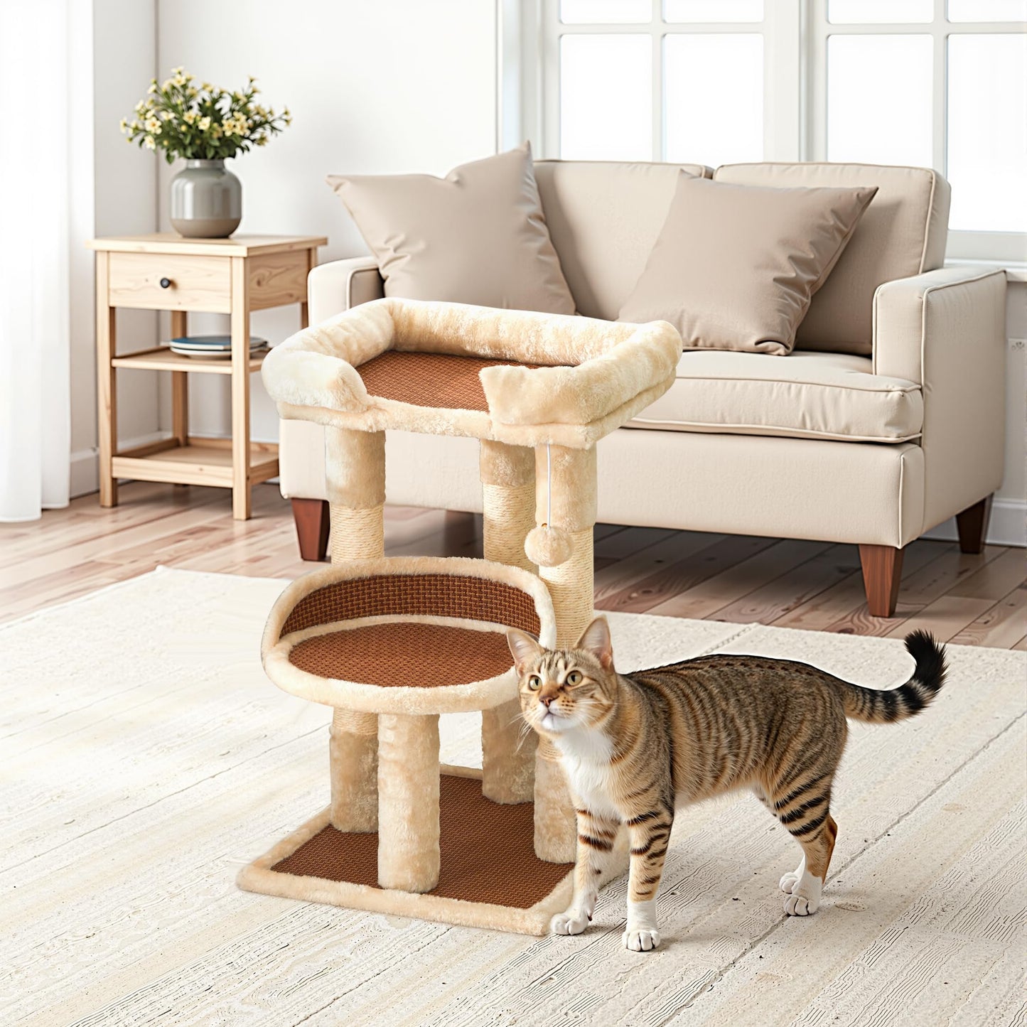 Keygarzone Multi-Level Cat Tree for Indoor Cats, Modern Cat Tower with Double Beds & Scratching Posts, 27 in Cute Cat Tree for Large Cats and Kitten, Small Cat Climbing Tower with Hanging Toys, Grey
