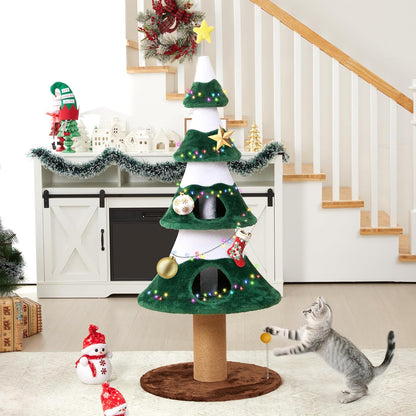 Keygarzone Christmas Tree Cat Tower for Indoor Cats, Multi-Level Wooden Cat Tree with Scratching Posts, Sisal Cat Scratcher & Cozy Cat Beds
