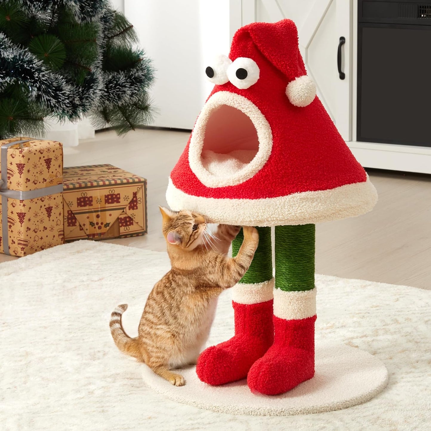 Keygarzone Christmas Cat Tree Tower for Indoor Cats of All Sizes ¨C Cute Santa Hat Design with Scratching Posts & Cozy Cat Bed, Small to Large Cat Tower