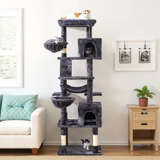 Keygarzone Large Cat Tree with Scratching Posts, Bed, Hammocks & Condos ¨C Multi-Level Cat Tower for Playful Cats, 73" Modern Jungle Gym for Multiple Cats, Grey