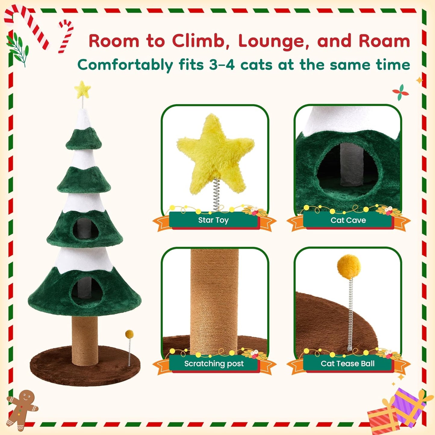 Keygarzone Christmas Tree Cat Tower for Indoor Cats, Multi-Level Wooden Cat Tree with Scratching Posts, Sisal Cat Scratcher & Cozy Cat Beds
