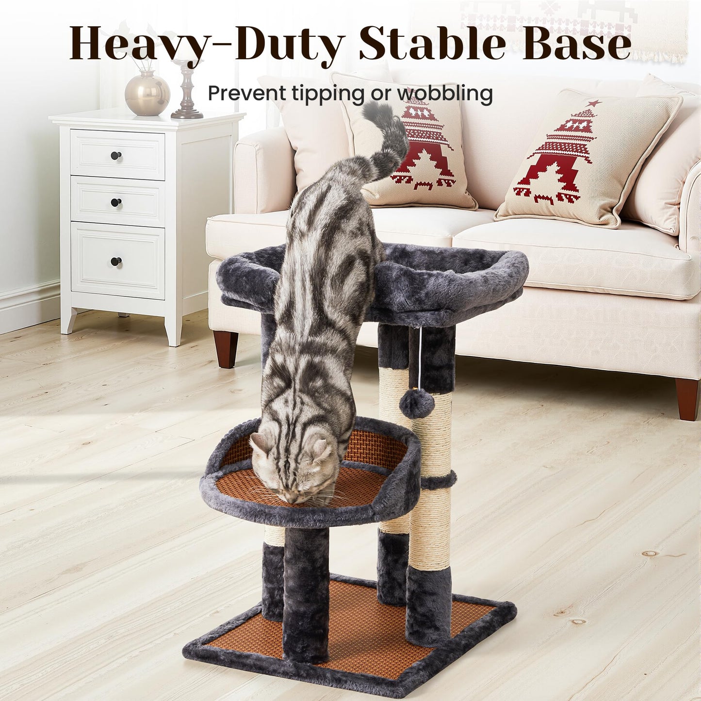 Keygarzone Multi-Level Cat Tree for Indoor Cats, Modern Cat Tower with Double Beds & Scratching Posts, 27 in Cute Cat Tree for Large Cats and Kitten, Small Cat Climbing Tower with Hanging Toys, Grey