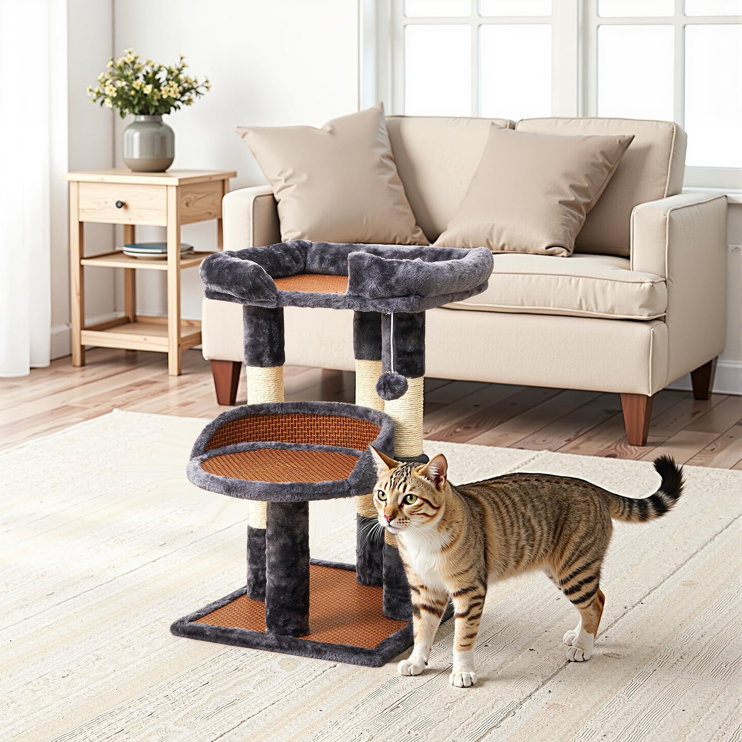 Keygarzone Multi-Level Cat Tree for Indoor Cats, Modern Cat Tower with Double Beds & Scratching Posts, 27 in Cute Cat Tree for Large Cats and Kitten, Small Cat Climbing Tower with Hanging Toys, Grey