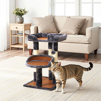 Keygarzone Multi-Level Cat Tree for Indoor Cats, Modern Cat Tower with Double Beds & Scratching Posts, 27 in Cute Cat Tree for Large Cats and Kitten, Small Cat Climbing Tower with Hanging Toys, Grey
