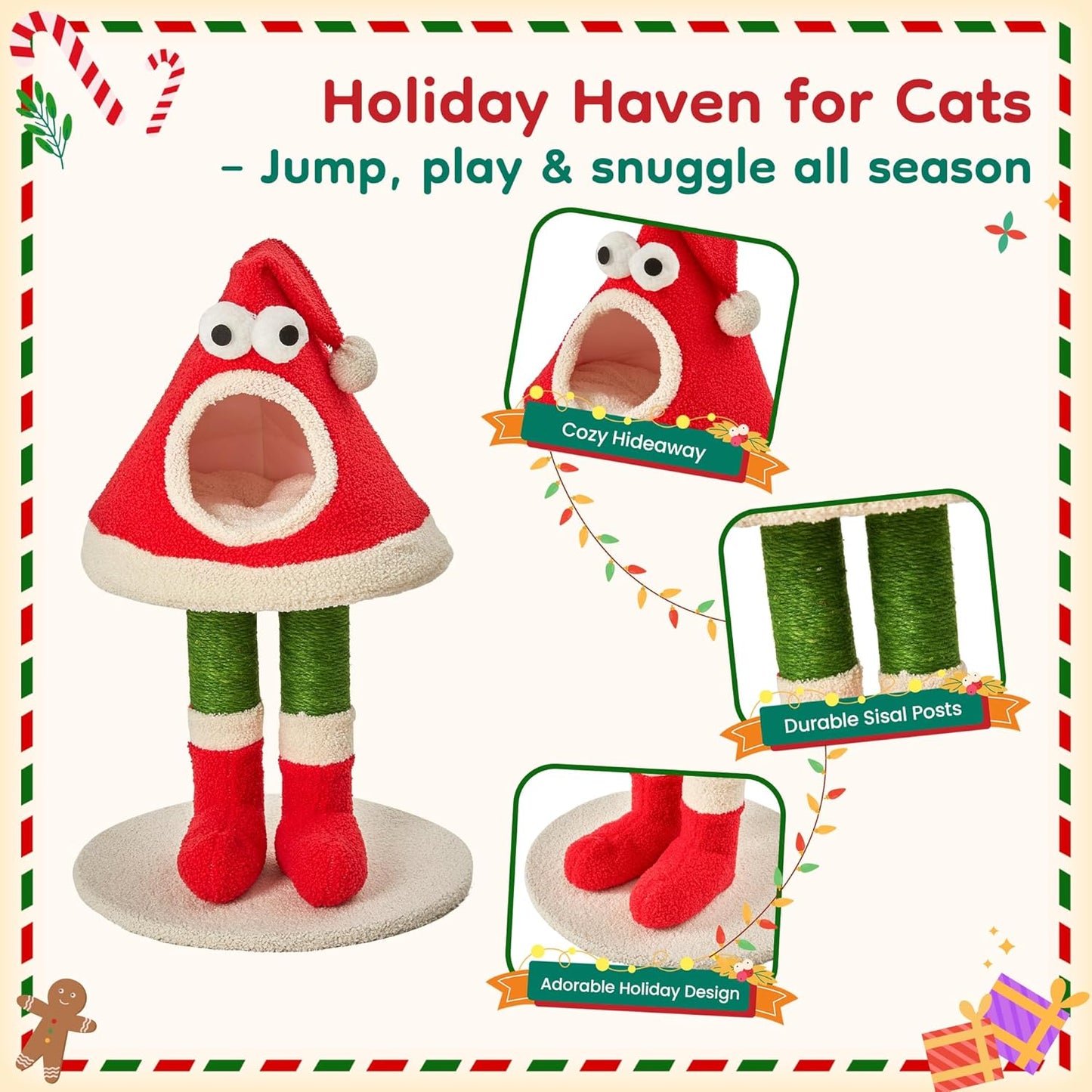 Keygarzone Christmas Cat Tree Tower for Indoor Cats of All Sizes ¨C Cute Santa Hat Design with Scratching Posts & Cozy Cat Bed, Small to Large Cat Tower