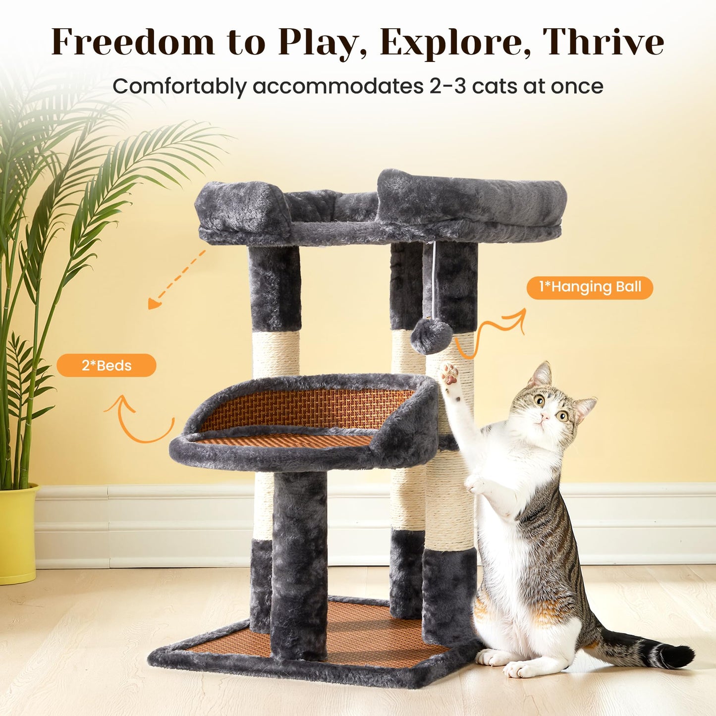 Keygarzone Multi-Level Cat Tree for Indoor Cats, Modern Cat Tower with Double Beds & Scratching Posts, 27 in Cute Cat Tree for Large Cats and Kitten, Small Cat Climbing Tower with Hanging Toys, Grey